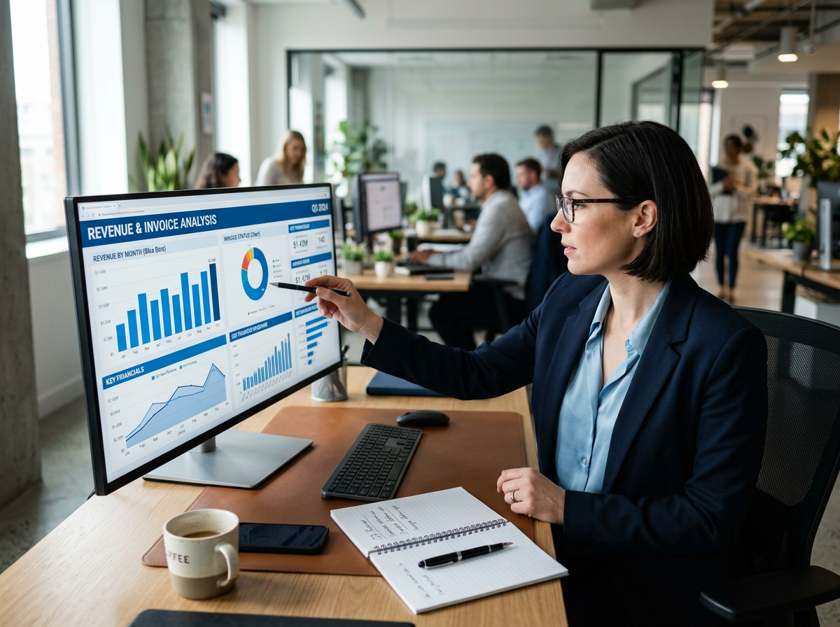 Finance professional analysing invoices and revenue charts